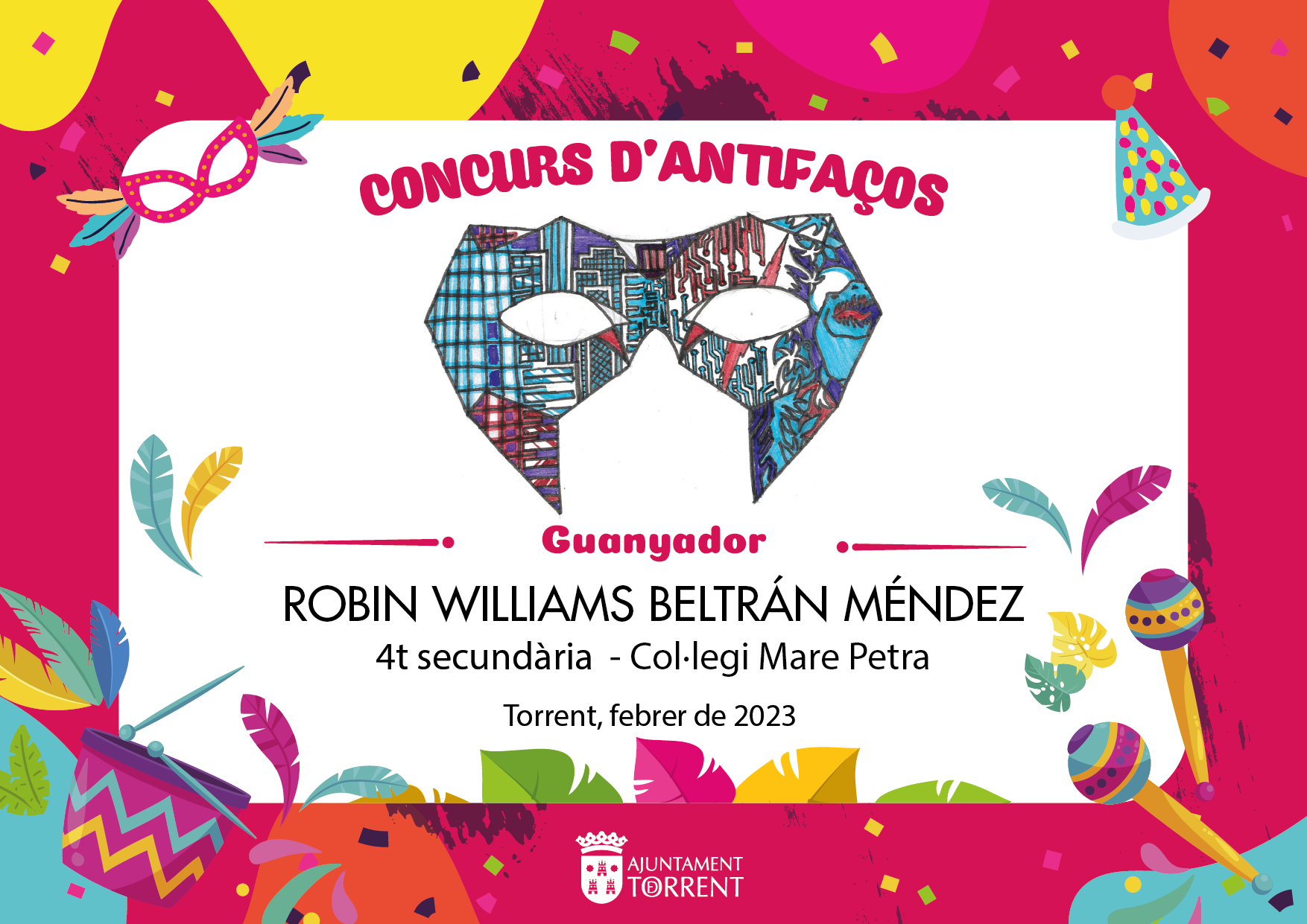 Robin Williams Beltrán Méndez, guanyador del Concurs d’Antifaços de Carnestoltes 2023