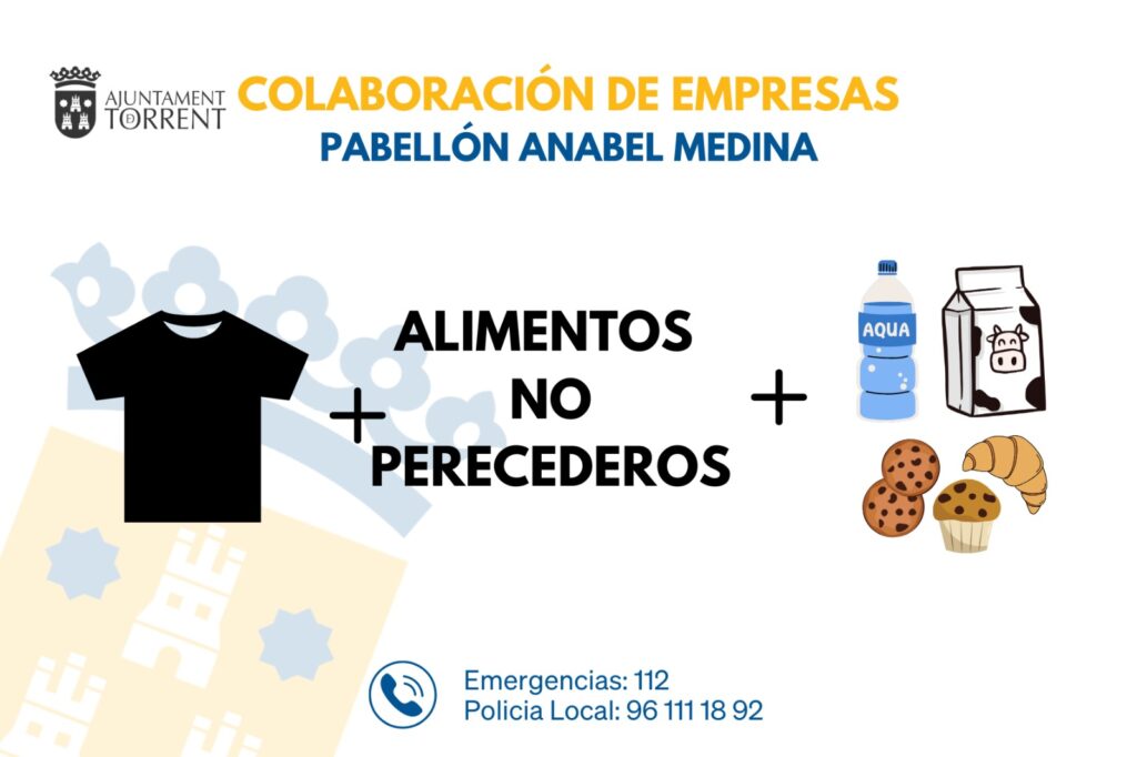 Torrent hace un llamamiento a empresas del sector alimentario y distribución, restaurantes, mercados, para que en la medida de sus posibilidades, puedan colaborar con la aportación de productos básicos, alimentos y bebida. La entrega puede realizarse en el Polideportivo Municipal Anabel Medina.