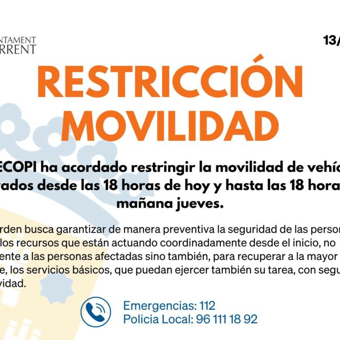 EL CECOPI ha acordado restringir la movilidad de vehículos privados desde las 18 horas de hoy y hasta las 18 horas de mañana jueves