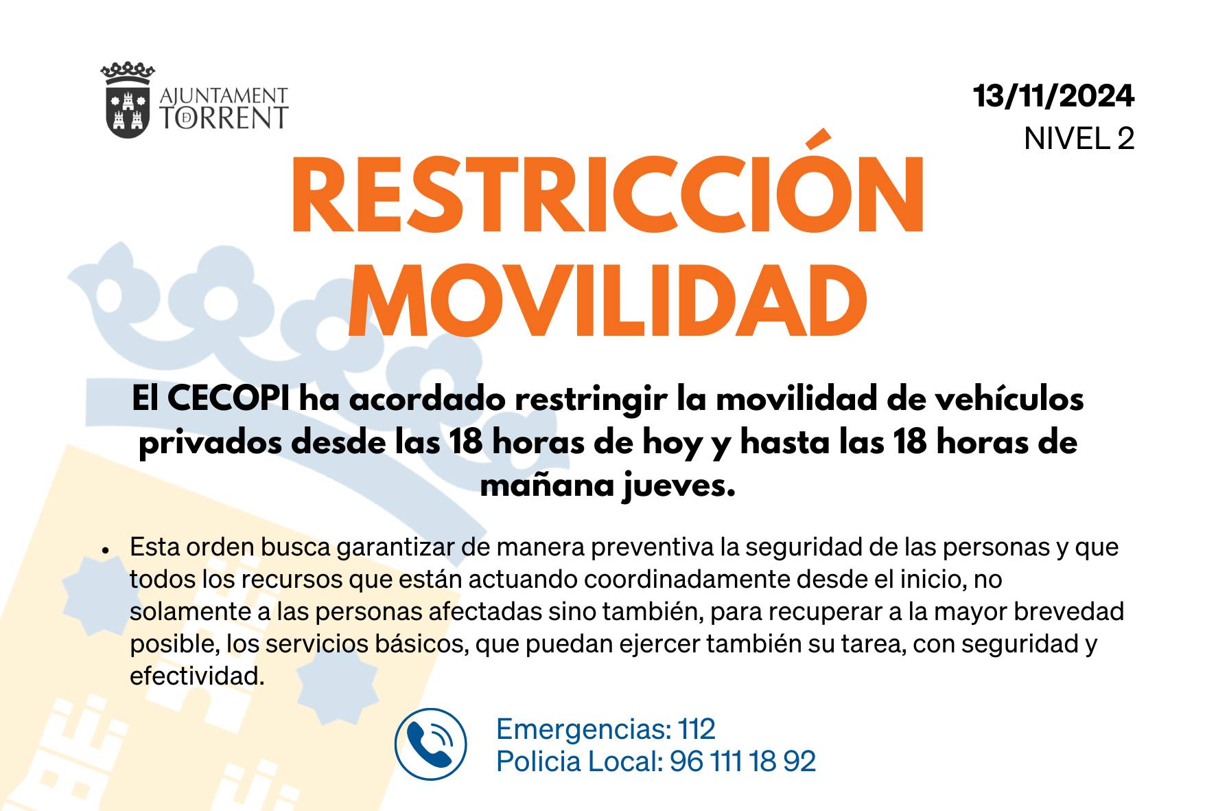 EL CECOPI ha acordado restringir la movilidad de vehículos privados desde las 18 horas de hoy y hasta las 18 horas de mañana jueves