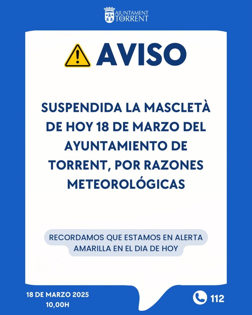 Torrent suspende la mascletà de hoy, martes 18, por condiciones meteorológicas adversas