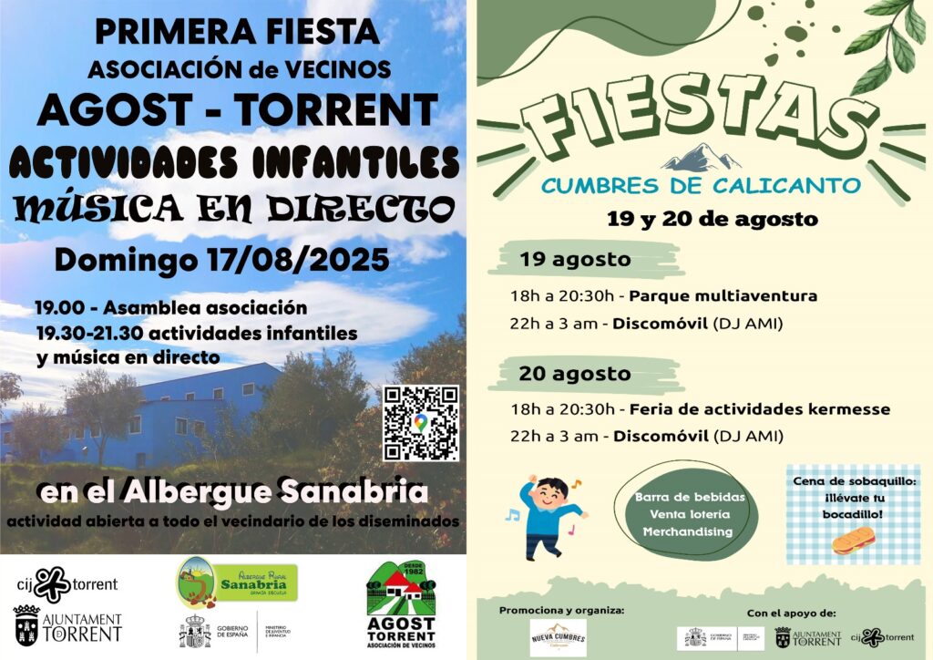 Torrent col·labora amb les festes veïnals a Agost-Torrent i Nova Cimeres de Calicanto amb activitats per a tota la família